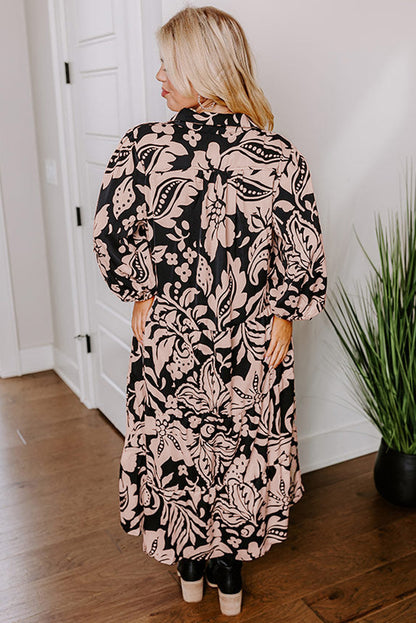 Black Plus Size Floral Printed Puff Sleeve Collared Maxi Dress - Bagged Store