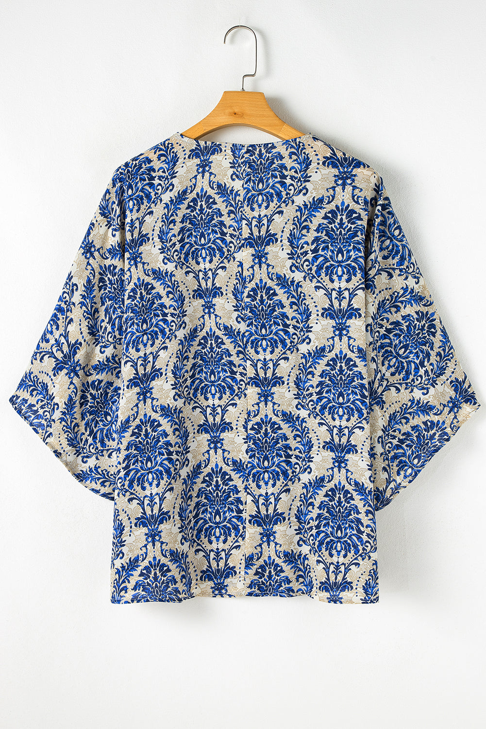 Blue Plus Size Ethnic Printed 3/4 Sleeve V Neck Loose Blouse - Bagged Store