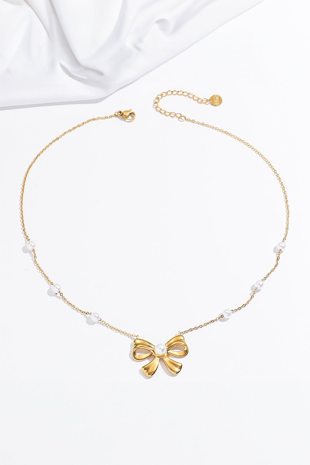 Gold Pearl Decor Plated Bow Knot Pendant Necklace - Bagged Store