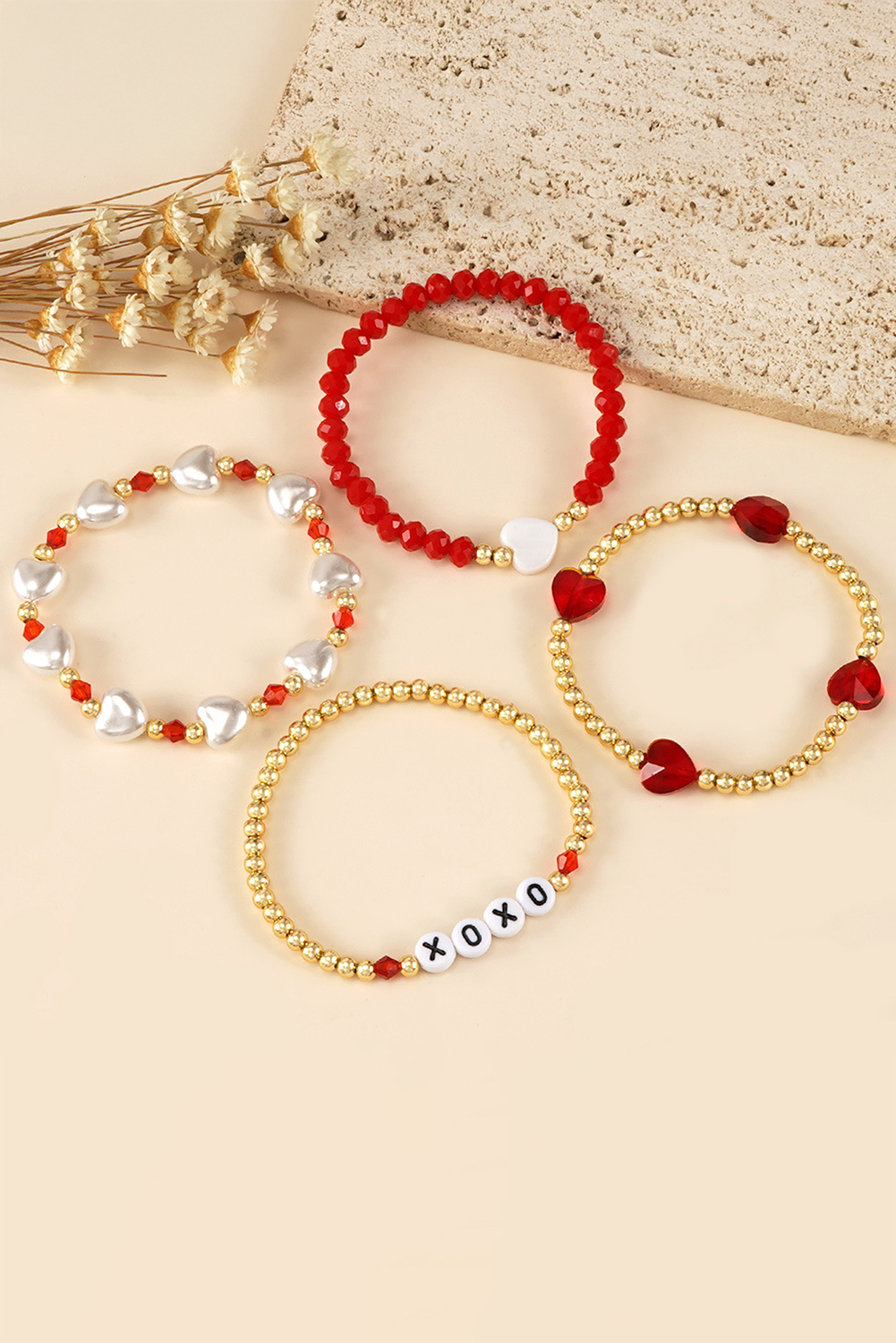 Fiery Red XOXO Heart Beaded 4pcs Layered Bracelet - Bagged Store