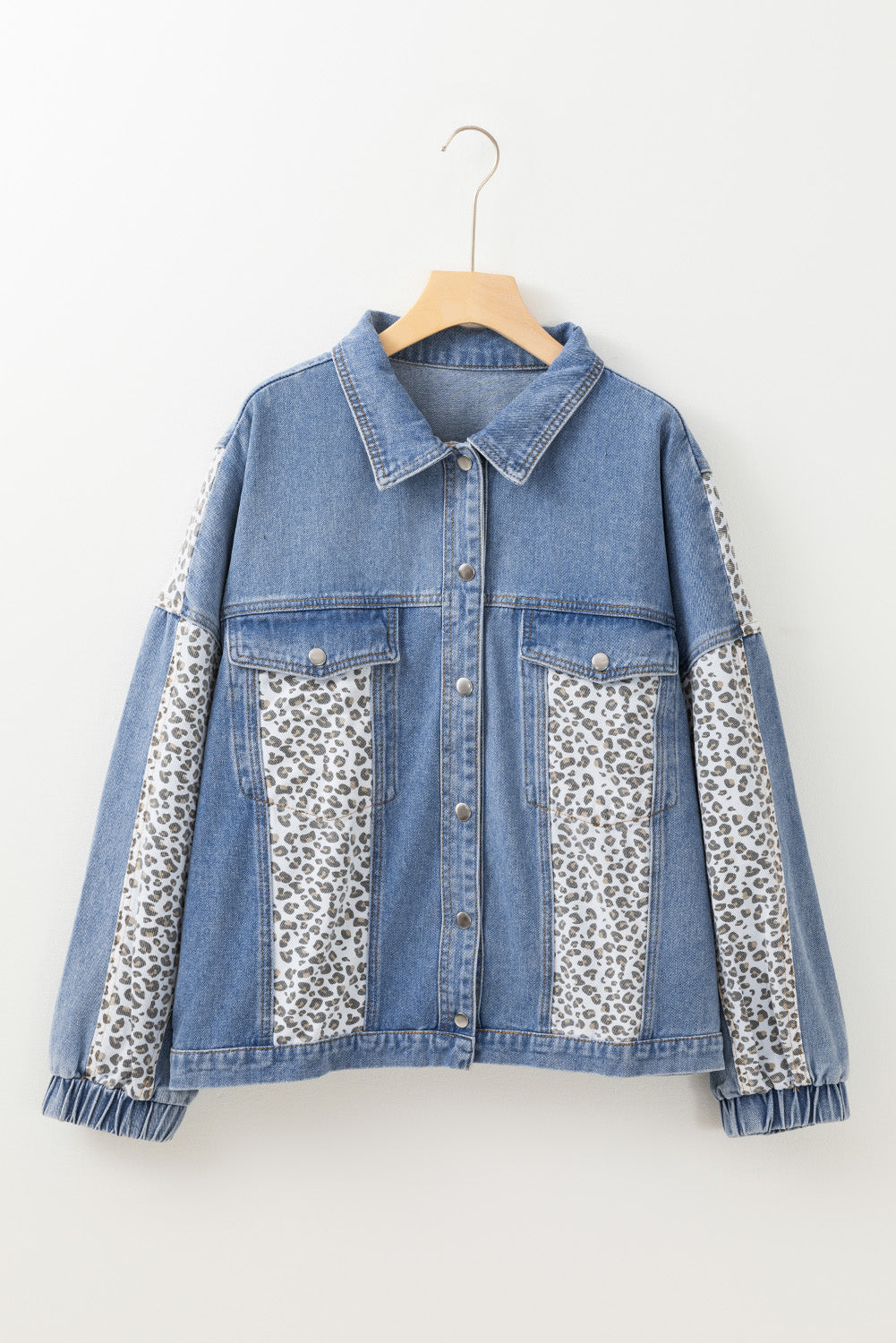 Beau Blue Leopard Patchwork Flap Detail Plus Size Denim Jacket - Bagged Store