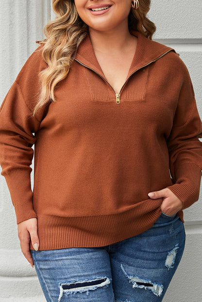 Brown Solid Ribbed Trim Plus Size Zip Collar Sweater - Bagged Store