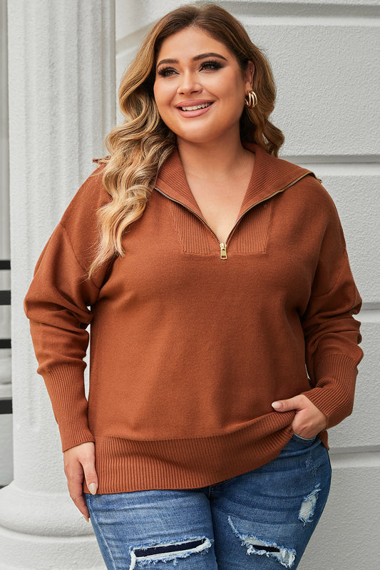 Brown Solid Ribbed Trim Plus Size Zip Collar Sweater - Bagged Store