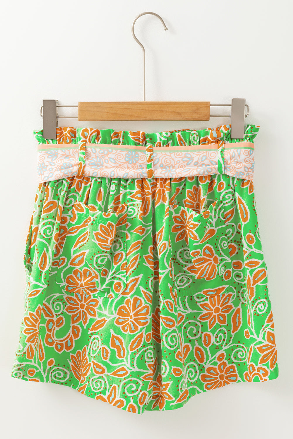 Green Floral Print Pocketed Front Knot High Waist Casual Shorts - Bagged Store