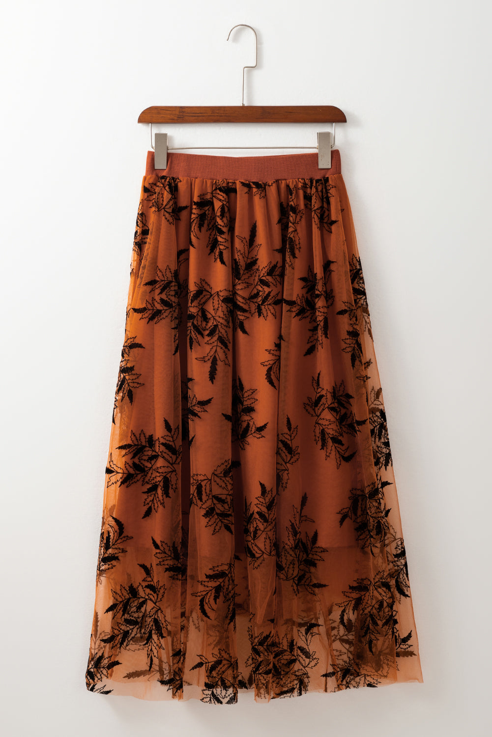 Gold Flame Floral Leaves Embroidered High Waist Maxi Skirt - Bagged Store