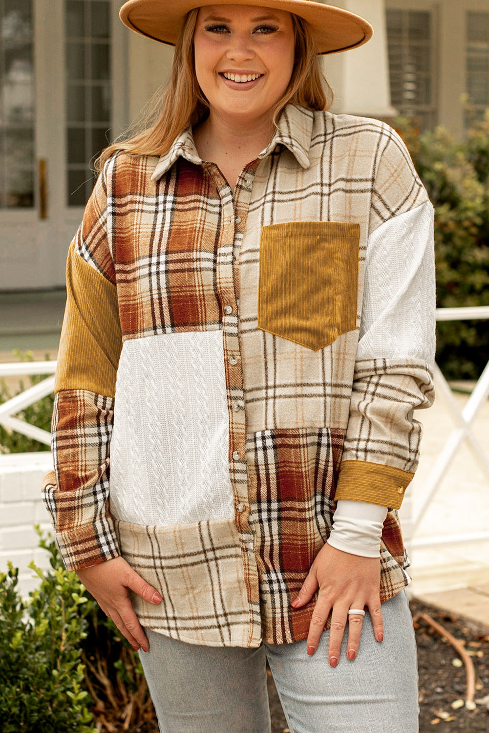 Golden Apricot Plus Size Plaid Patchwork Button up Shacket - Bagged Store