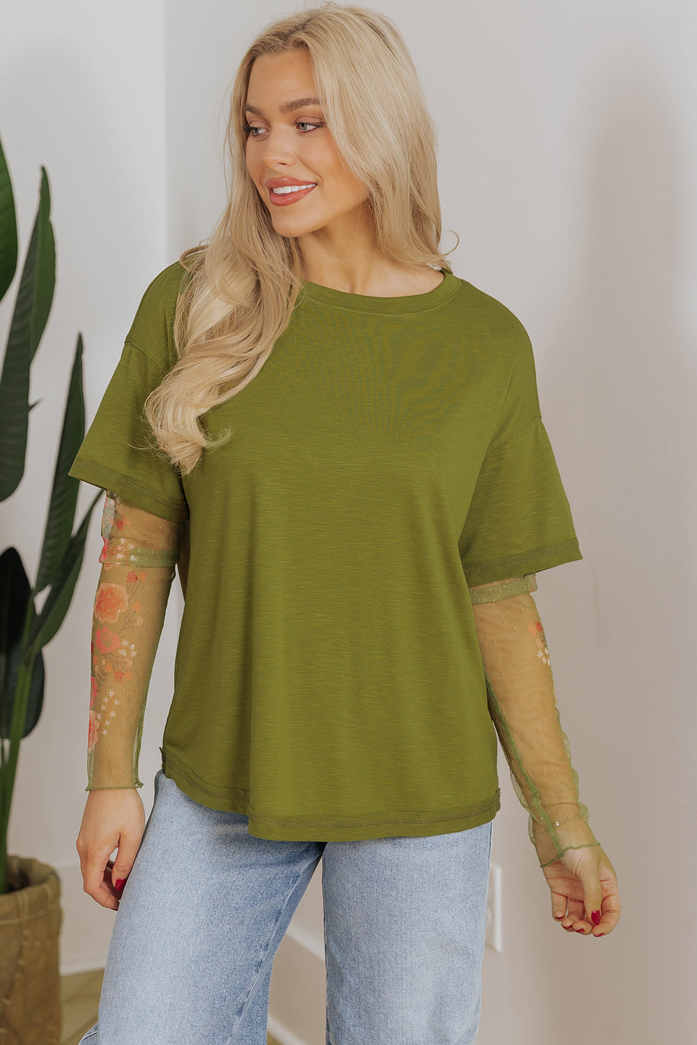 Fern Green Faux Two Piece Floral Long Sleeve Patchwork Tee - Bagged Store