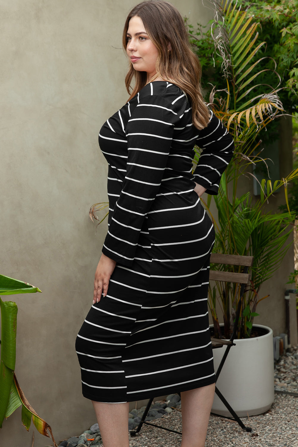 Black Plus Size Striped Loose Long Shift Dress - Bagged Store