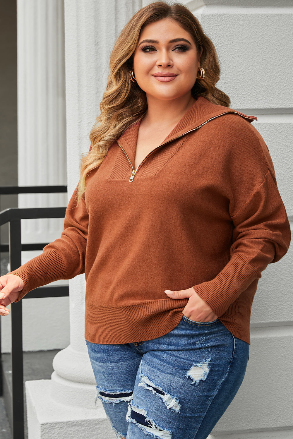 Brown Solid Ribbed Trim Plus Size Zip Collar Sweater - Bagged Store