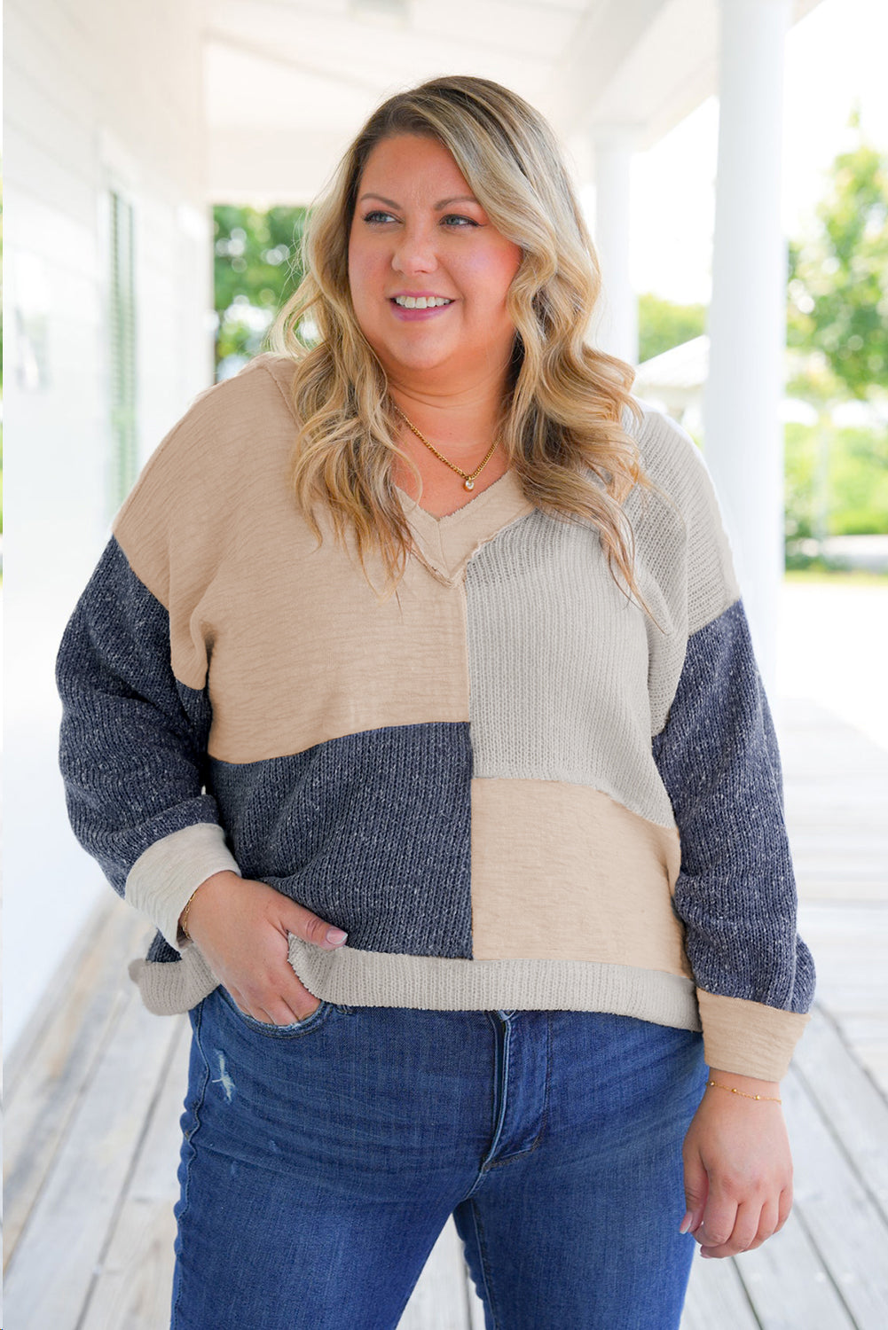 Ashleigh Blue Plus Size Textured Colorblock Patchwork V Neck Top - Bagged Store