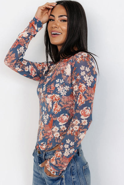 Black Floral Print Mesh Fitted Long Sleeve Top - Bagged Store