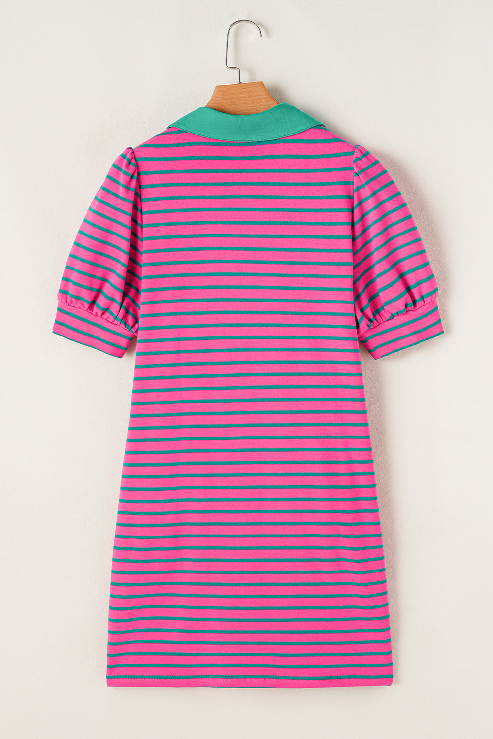 Pink Stripe Collared V Neck Puff Sleeve T Shirt Dress - Bagged Store