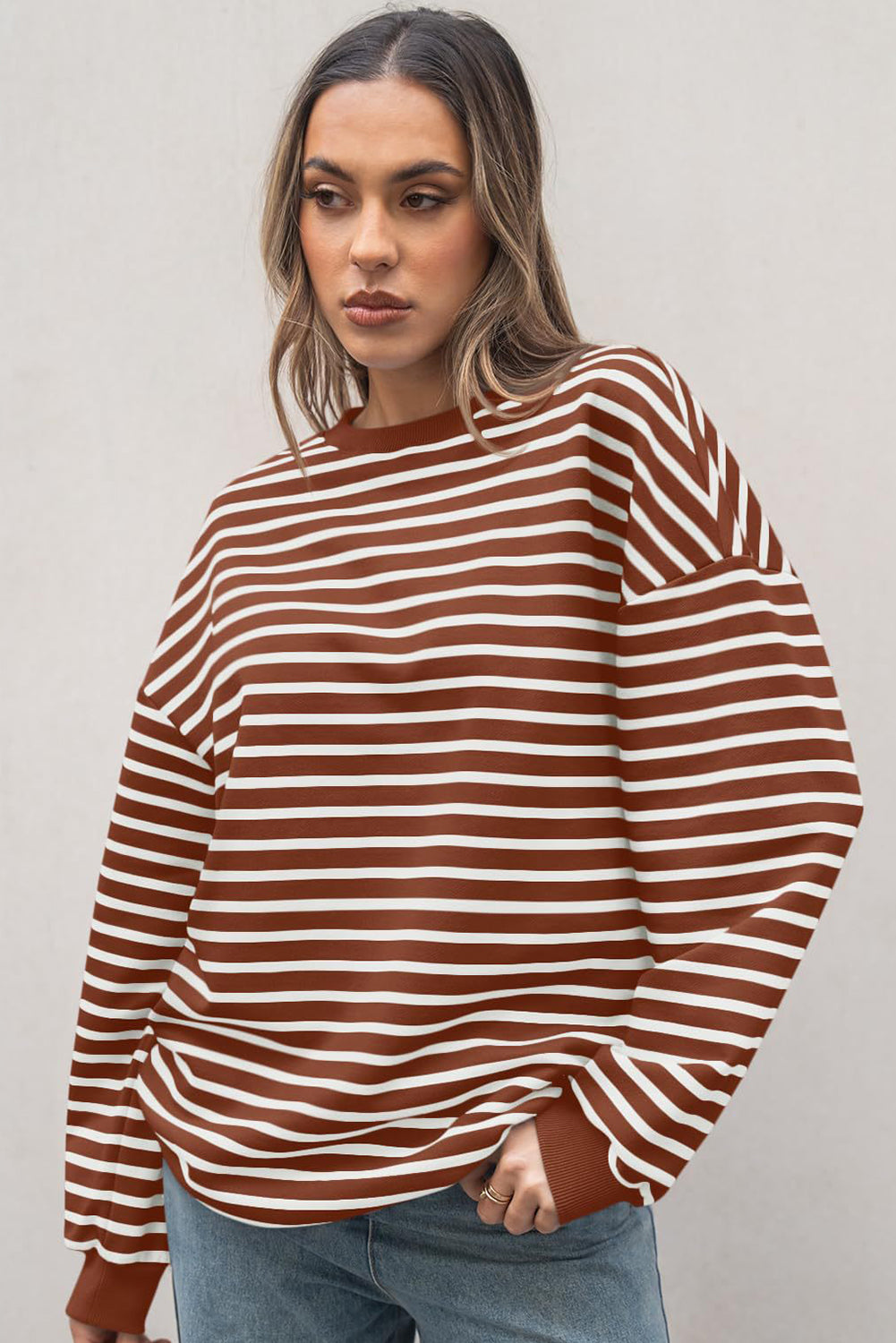 Coffee Striped Long Sleeve Round Neck Loose Top - Bagged Store