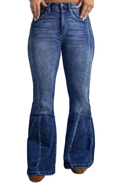 Dark Blue Plus Size Stitching Washed Flare Jeans - Bagged Store