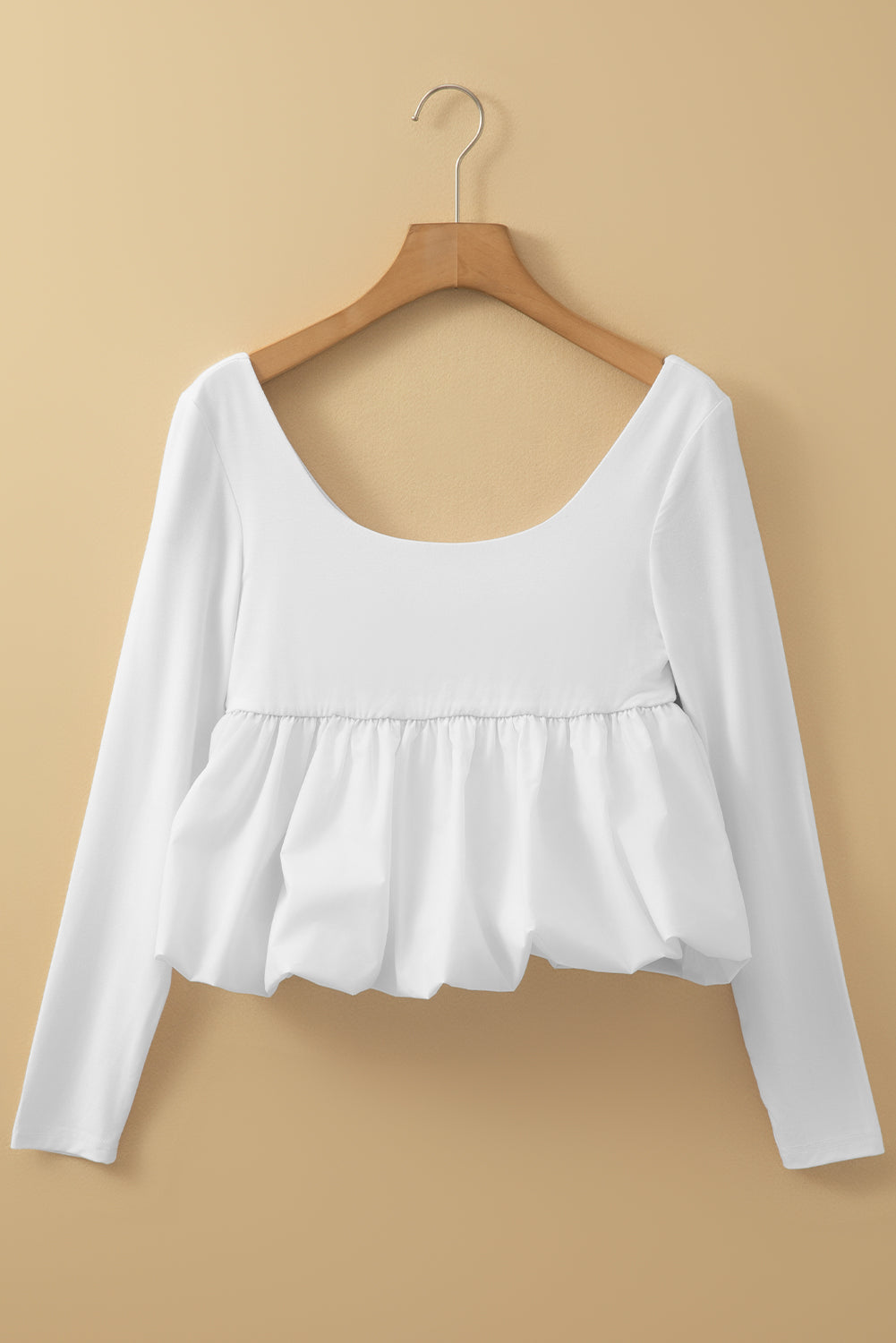 White U Neck Long Sleeve Bubble Hem Top - Bagged Store