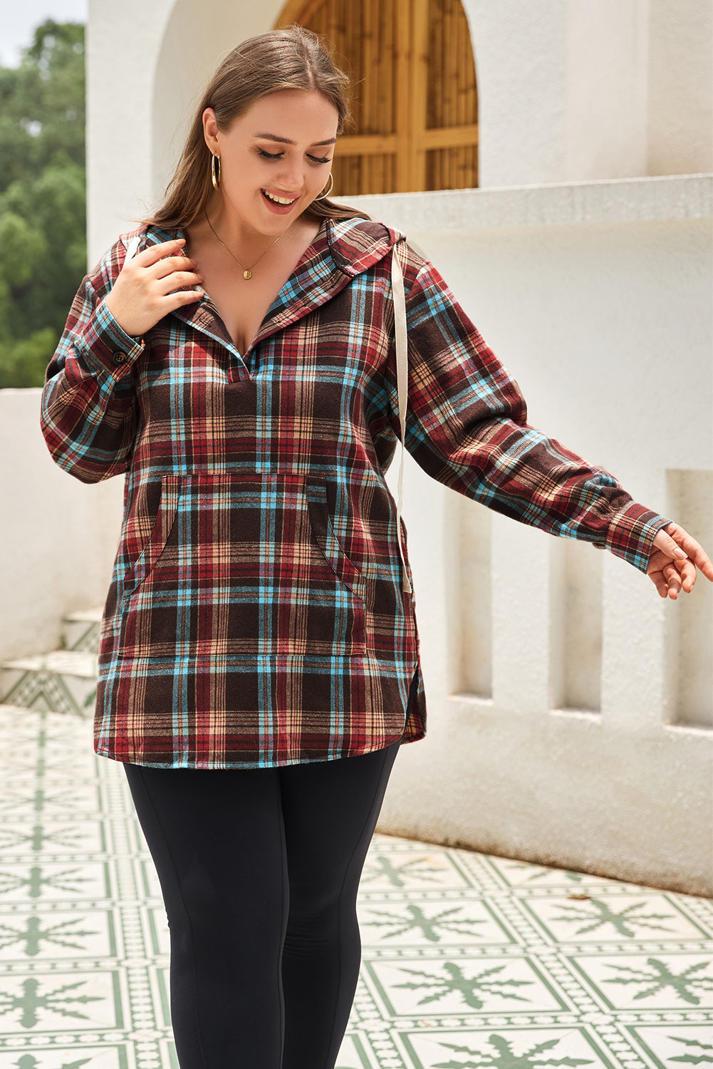 Fiery Red Plus Size Plaid Kangaroo Pocket Drawstring Hoodie - Bagged Store