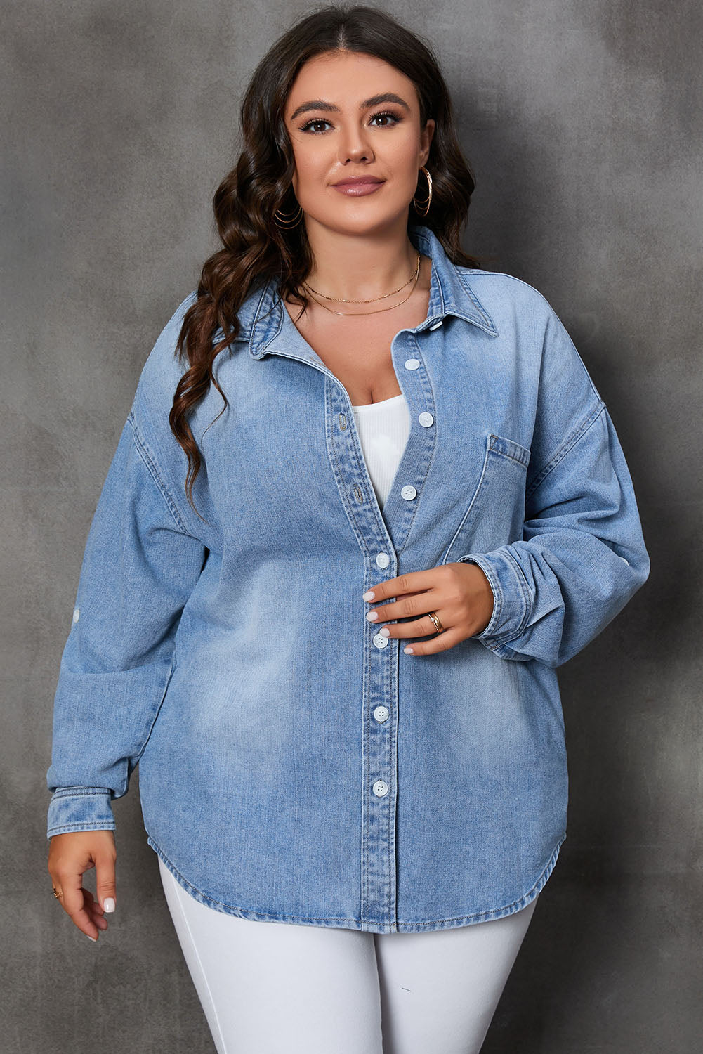 Sky Blue Plus Size Chest Pocket Button-Up Denim Shacket - Bagged Store