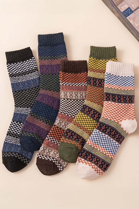 Brown Boho Checkered Pattern Soft Crew Socks Set - Bagged Store