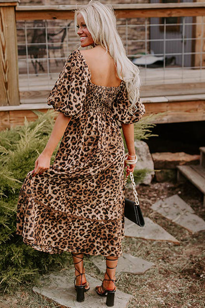 Brown Leopard Print Bubble Sleeve Square Neck Maxi Dress - Bagged Store