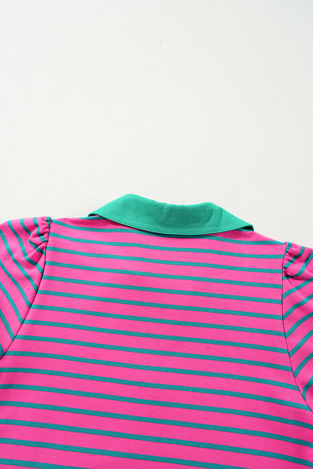 Pink Stripe Collared V Neck Puff Sleeve T Shirt Dress - Bagged Store