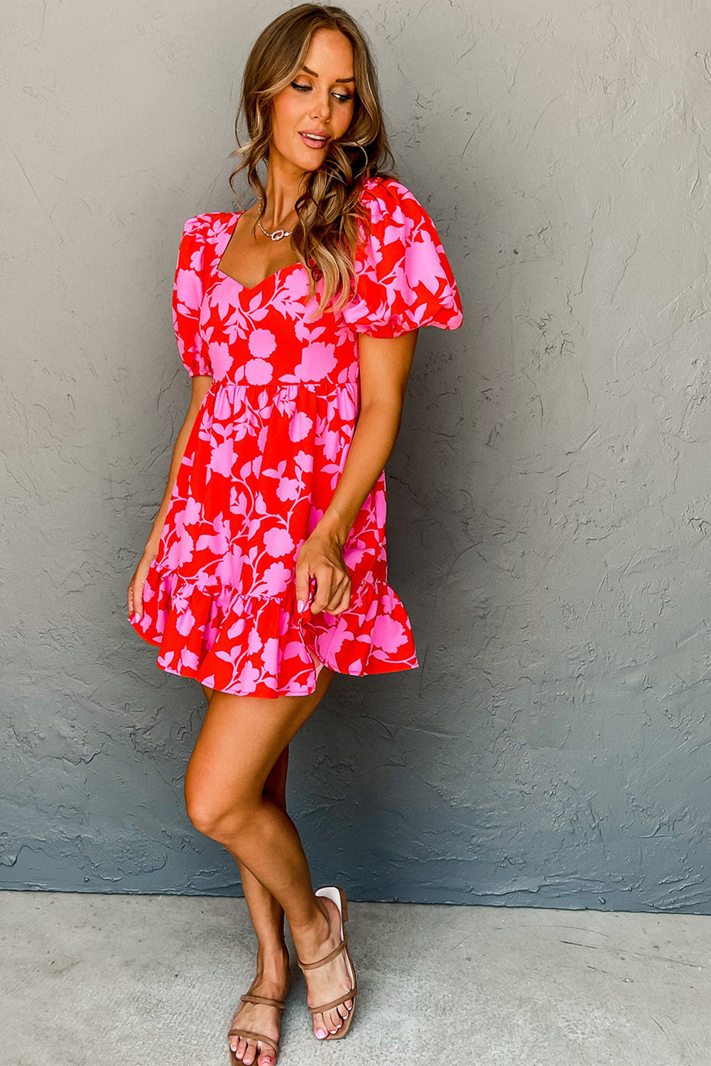 Red Floral Bubble Sleeve Sweetheart Neck Ruffled Mini Dress - Bagged Store