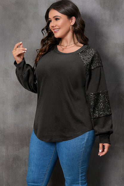 Black Plus Size Sequin Patchwork Crew Neck Long Sleeve Top - Bagged Store