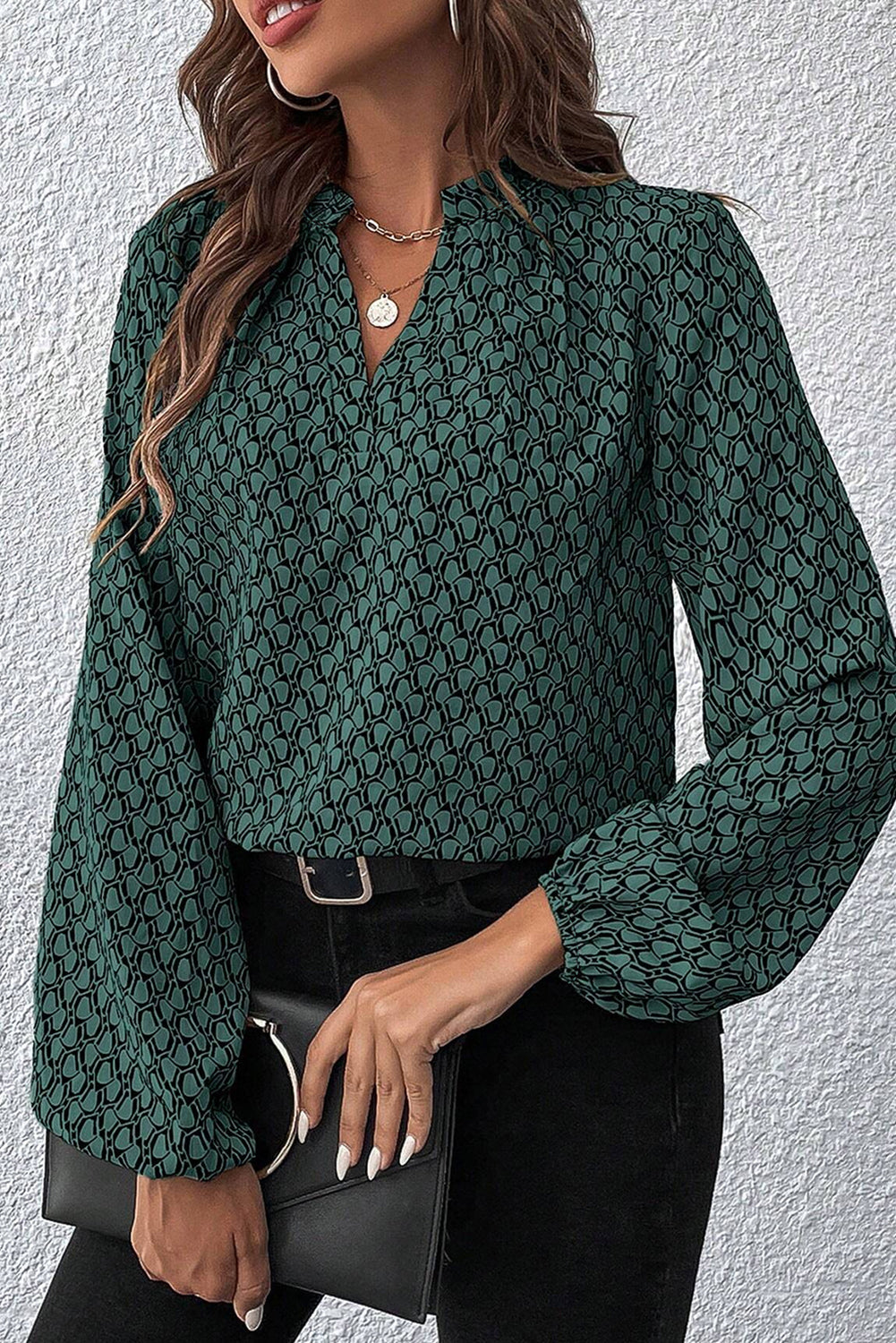 Green Geometric Print Notched Neck Puff Sleeve Blouse - Bagged Store