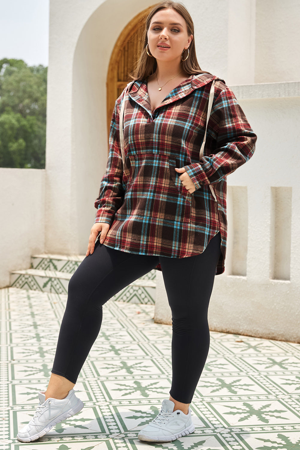 Fiery Red Plus Size Plaid Kangaroo Pocket Drawstring Hoodie - Bagged Store