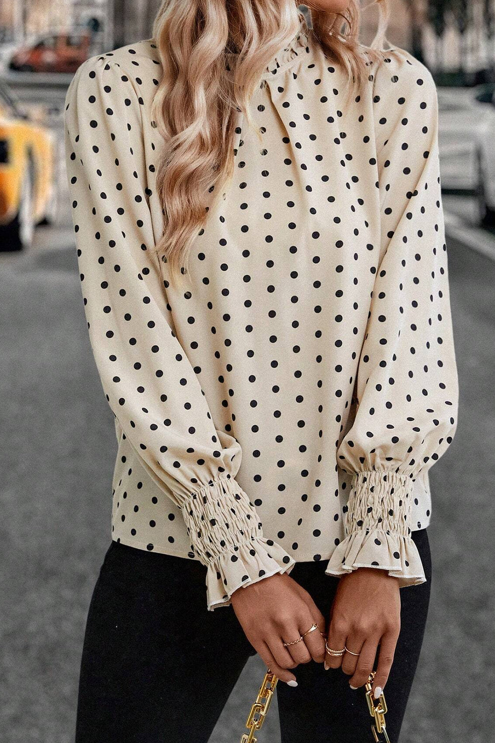 Apricot Polka Dot Print Frilled Collar Lantern Sleeve Blouse - Bagged Store