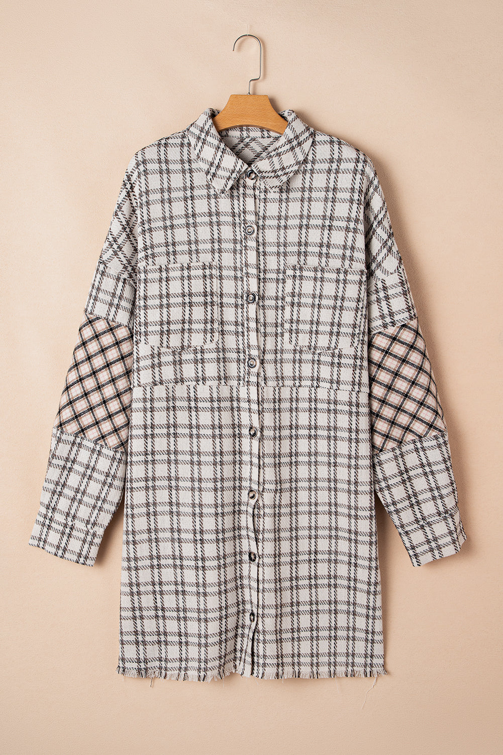 White Stripe Plus Size Plaid Buttoned Raw Hem Tunic Shirt Dress - Bagged Store