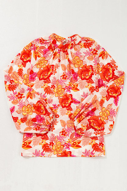 Orange Floral Print Pearl Button Keyhole Long Puff Sleeve Blouse - Bagged Store