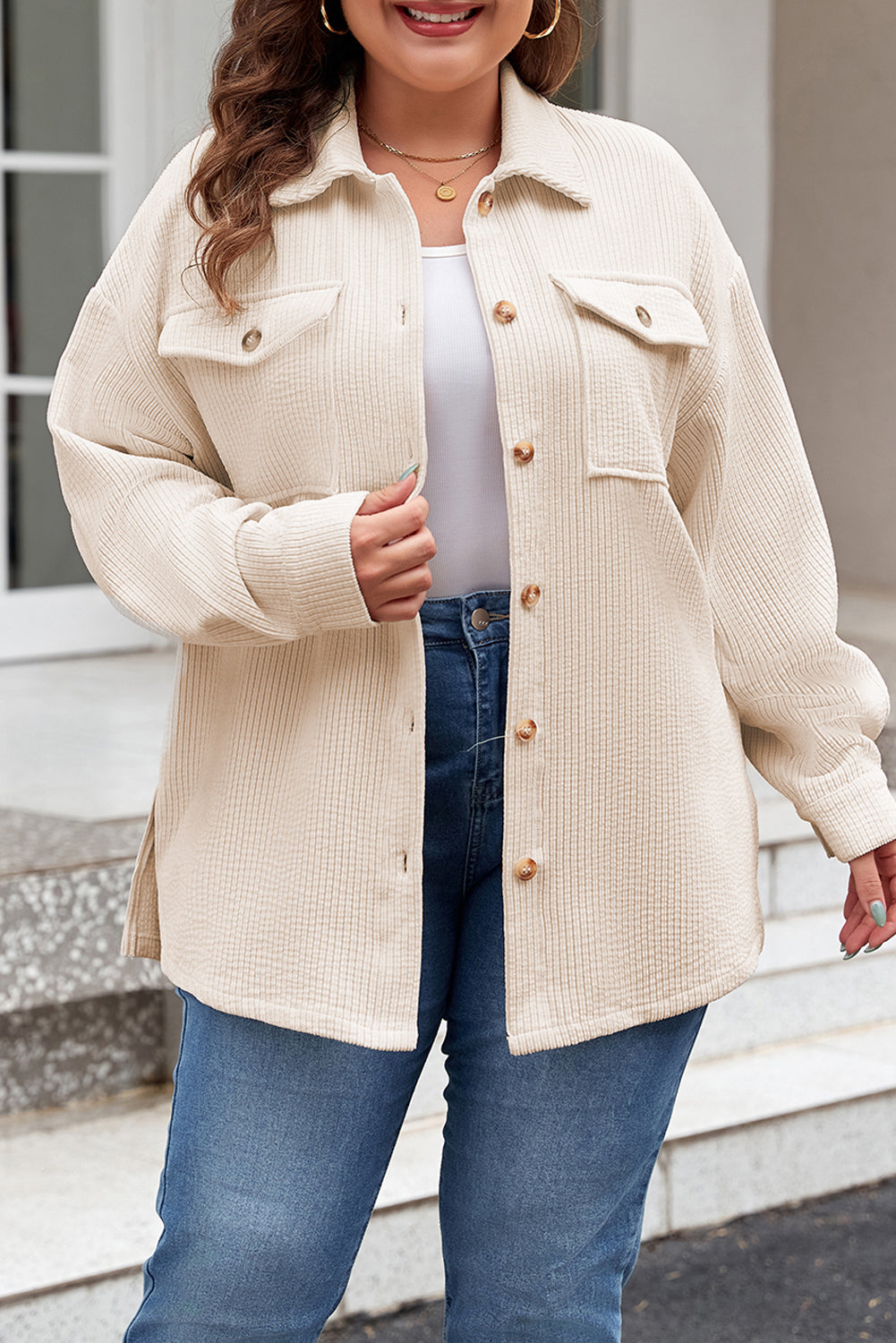 Oatmeal Textured Flap Pockets Buttoned Plus Size Shacket - Bagged Store