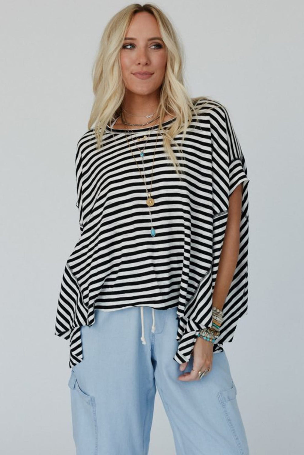 Black Stripe Batwing Sleeve Crewneck Oversized Top - Bagged Store