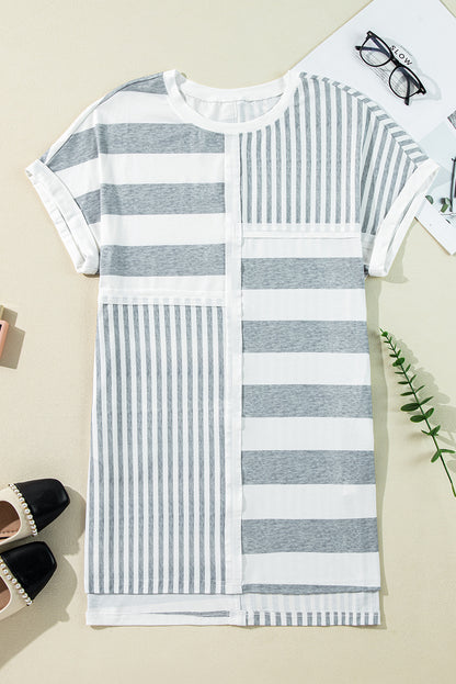 Gray Stripe Mixed Printed Short Sleeve Shift Mini T Shirt Dress - Bagged Store