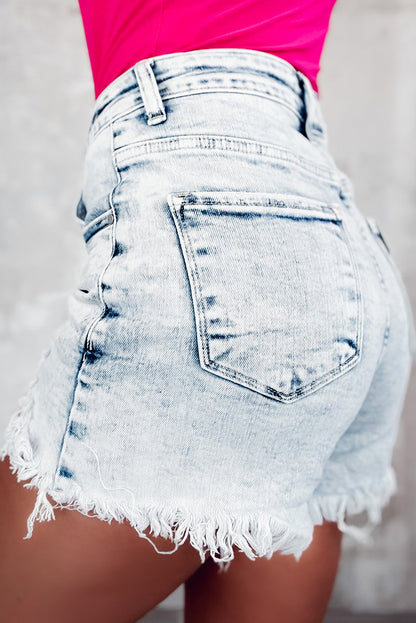 Light Blue Acid Wash Crossed Raw Edge Denim Shorts - Bagged Store