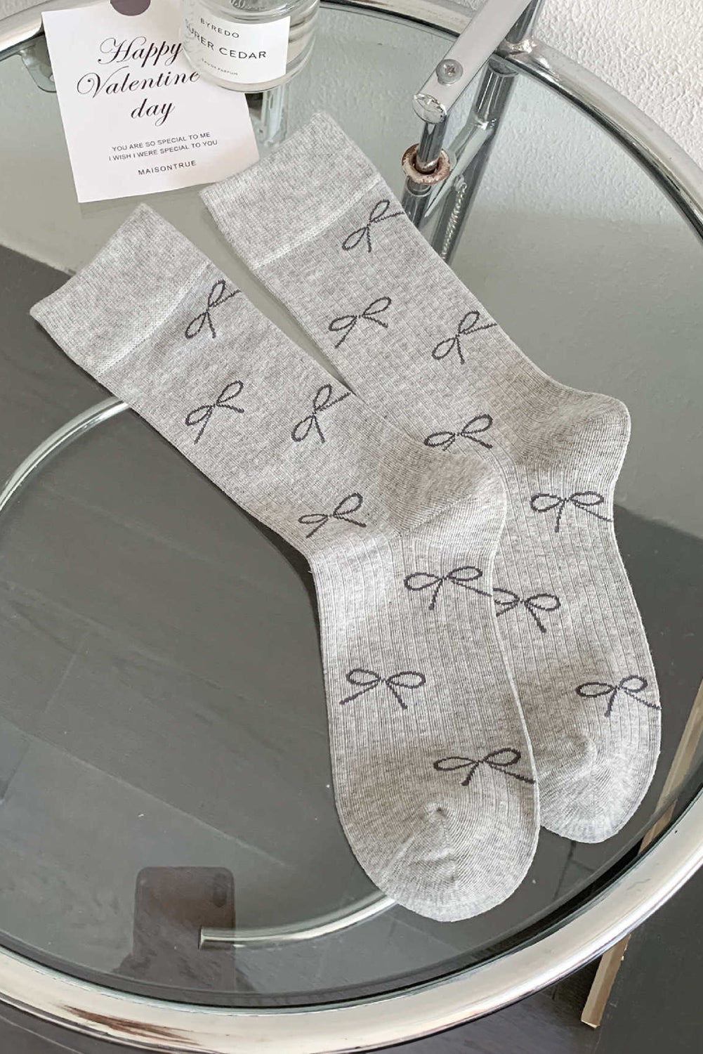 Gray Bow Knot Print Ribbed Crew Socks - Bagged Store