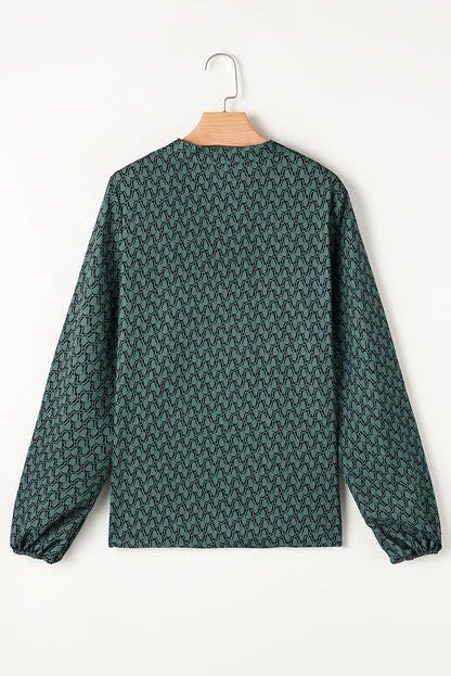 Green Geometric Print Notched Neck Puff Sleeve Blouse - Bagged Store