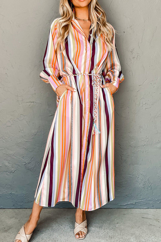 White Multicolor Striped Cuffed Sleeve Tassel Tied Shirt Maxi Dress - Bagged Store