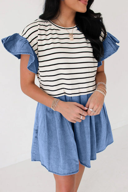 Black Stripe Ruffle Denim Patchwork Round Neck Mini Dress - Bagged Store