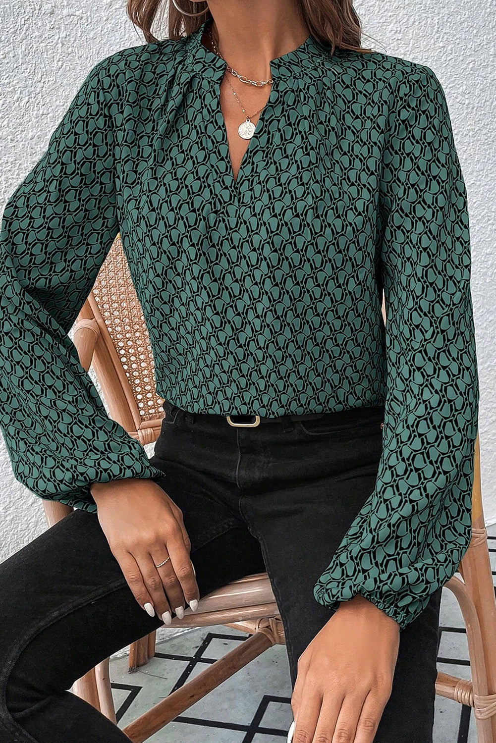 Green Geometric Print Notched Neck Puff Sleeve Blouse - Bagged Store