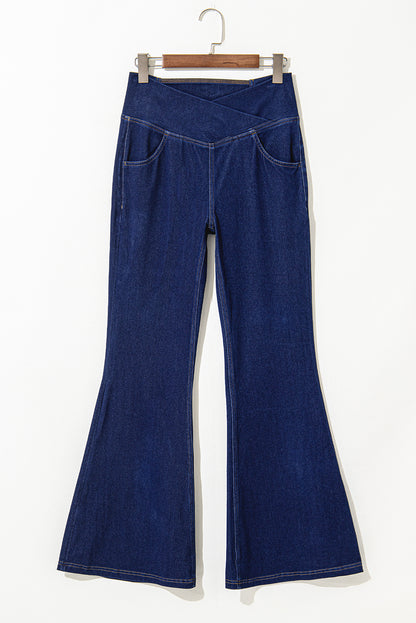 Dusk Blue Solid Crossed Waist High Elastic Fit Flare Knit Jeans - Bagged Store