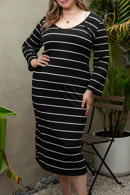 Black Plus Size Striped Loose Long Shift Dress - Bagged Store