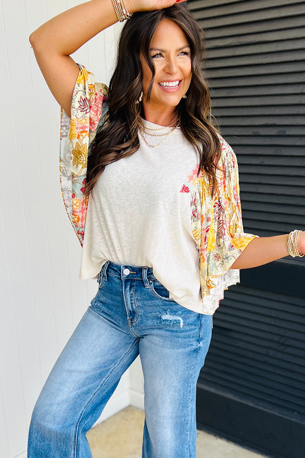 Beige Floral Patchwork Half Batwing Sleeve Blouse - Bagged Store