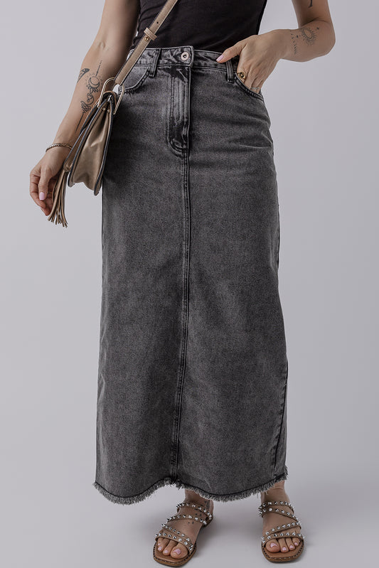 Dark Grey Denim Raw Hem Back Split High Waist Long Skirt - Bagged Store