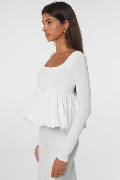 White U Neck Long Sleeve Bubble Hem Top - Bagged Store