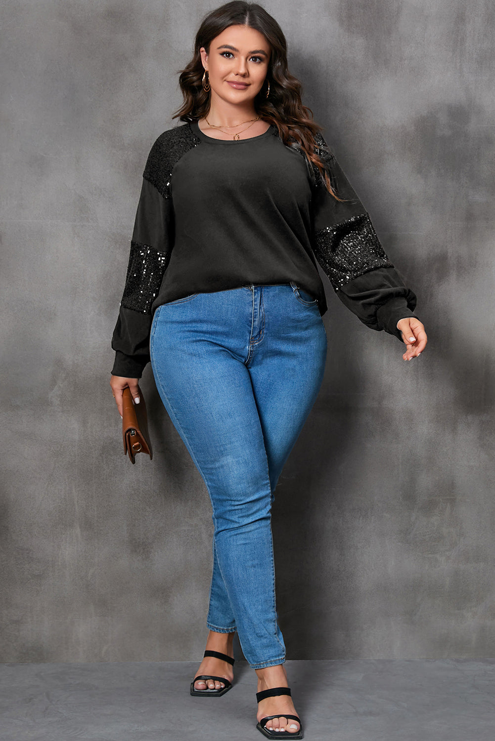 Black Plus Size Sequin Patchwork Crew Neck Long Sleeve Top - Bagged Store