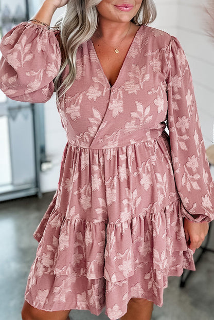 Peach Blossom Floral Surplice V Neck Tiered Ruffled Plus Size Dress - Bagged Store