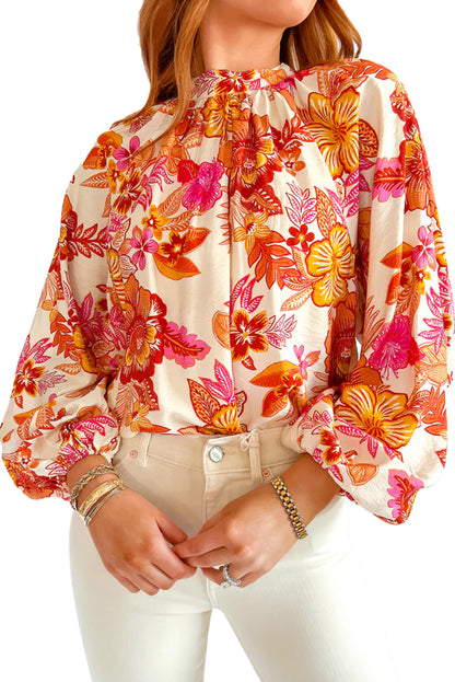 Orange Floral Print Pearl Button Keyhole Long Puff Sleeve Blouse - Bagged Store