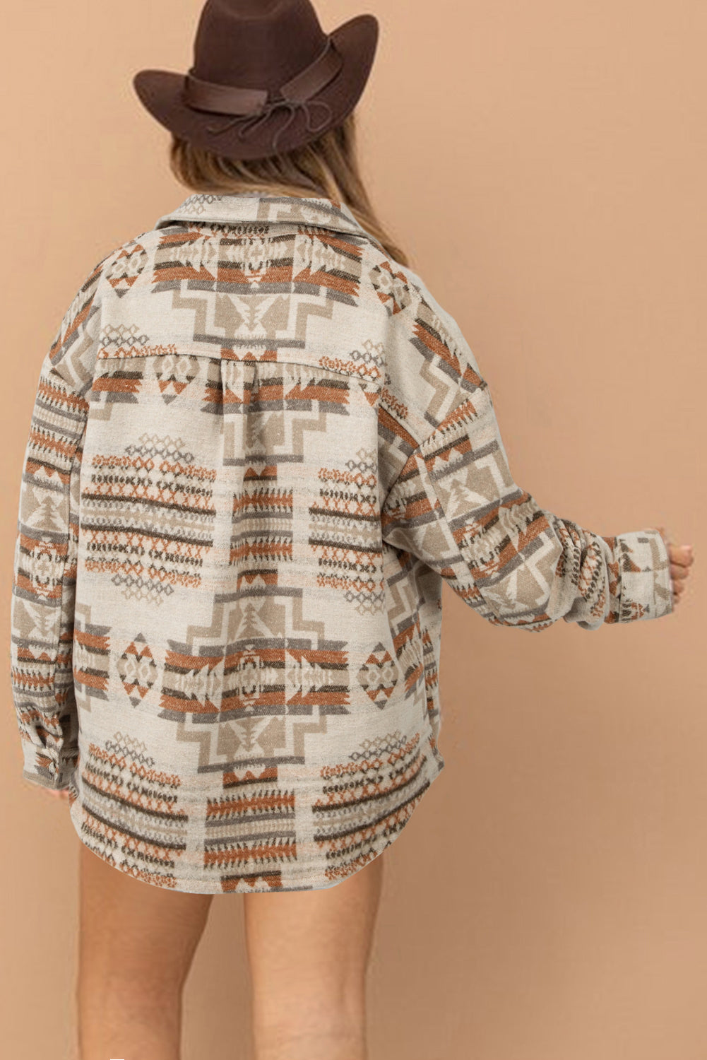 White Aztec Geometric Print Pockets Plus Size Jacket - Bagged Store