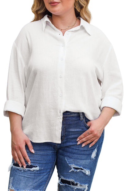 White Plus Size Linen Textured Button Up Shirt - Bagged Store